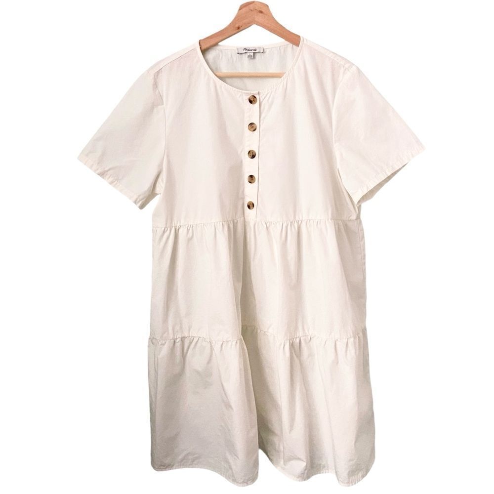 Madewell Button-Front Short Sleeve Tiered Mini Dress in Size Large in Lighthouse - Picture 3 of 12